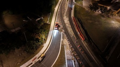 Crews begin overnight work to prepare the roundabout for opening (11-18-2025 photo)