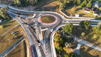Looking west over the US 98 Bypass at the partially opened roundabout at  7th Street / US 98 / US 301 (11-19-2025 photo)