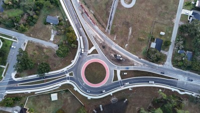 Over the roundabout at US 98 / US 301 and 7th Street where all movements are open through the roundabout (12-11-2025 photo)