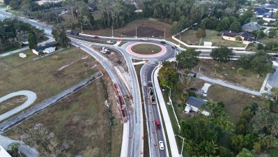 Looking west over the US 98 Bypass to the 7th Street /US 98 / US 301 roundabout where all traffic movements are now open (12-11-2025 photo)