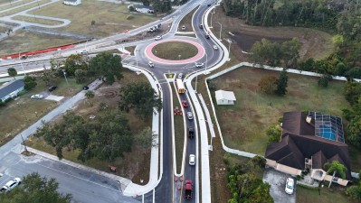 Looking south over 7th Street at the roundabout at US 98 / US 301 where all traffic movements are now open (12-11-2025 photo)