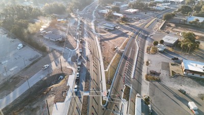 Looking southeast over the split of the US 98 Bypass at 7th Street (1-29-2026 photo)