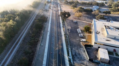 Looking south over the US 98 with northbound and southbound traffic now separated by a median (1-29-2026 photo)