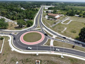 Looking east at the roundabout serving 7th Street, US 98 Bypass, and US 98 / US 301 (4-20-2026 photo)