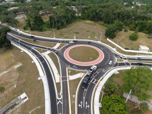 Looking west over the US 98 Bypass roundabout at 7th Street (4-30-2026 photo)