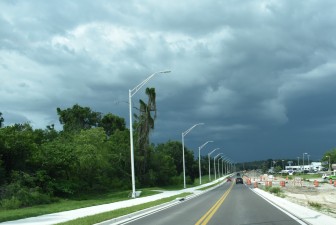 Looking east on the US 98 Bypass where traffic has been shifted to new pavement (5-29-2025 photo)