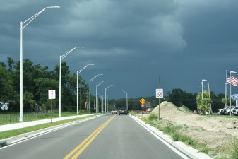 Looking east on the US 98 Bypass where traffic has been shifted to new pavement approaching the roundabout (5-29-2025 photo)