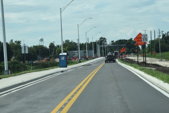 Looking north on the US 98 Bypass where traffic has been shifted to new pavement on the west side approaching MLK Boulevard (6-16-2025 photo)