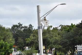 Street lighting is removed as crews prepare to construct a roundabout at 7th Street and US 98/US 301  (9-8-2025 photo)