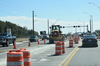 Northbound and southbound traffic is separated as work continues in between. Looking south, south of Meridian Ave (2-5-2026 photo)