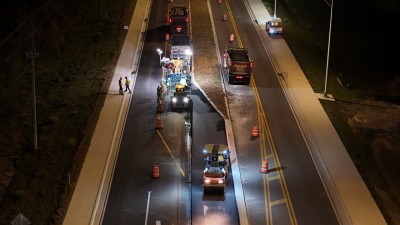 Crews have begun paving the top layer of asphalt (friction course) on the US 98 Bypass (3-9-2026 photo)