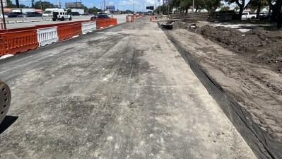 Looking north on US 19 at Base preparation for upcoming concrete pavement on Frontage Road (August 2026 Photo)