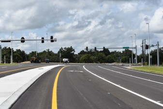 Looking southwest on Ayers Road at the soon-to-be-opened intersection of Trillium Blvd. and County Line Road. (8/27/2021 photo)