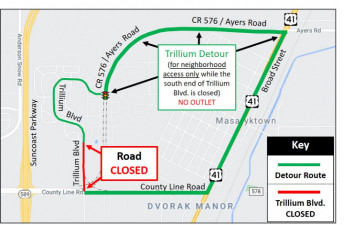 Detour map for access to and from Trillium subdivision