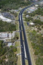 Looking north on US 19 with traffic in final configuration approaching Yulee Dr. (curve area) (3/8/2021 photo)