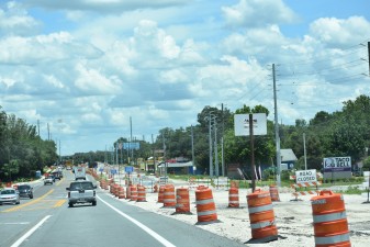 Both directions of SR 54 traffic are on roadway that will be the westbound-only lanes at project finish (7-6-2022 photo)