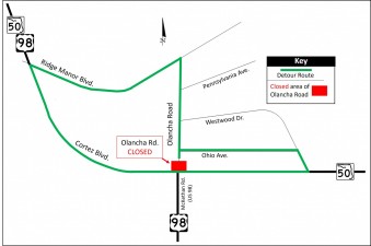 Detour map for closure of Olancha Road on the north side of SR 50