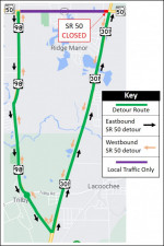 Detour map for closure of SR 50 from January 5 to 8, 2021