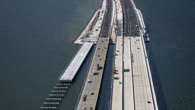 Aerial View Howard Frankland Bridge Showing Construction Activities on Future Express Lanes Pinellas County (December 2025 photo)