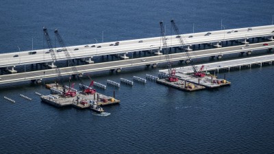 Aerial View Howard Frankland Bridge Showing Demolition Work of Old Bridge (December 2025 photo)