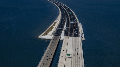 Image of Howard Frankland Bridge showing new express lanes and shared use path on St. Petersburg side of bridge (Photo July 2026)