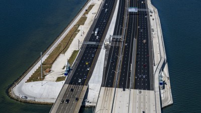 Image of Howard Frankland Bridge showing new express lanes and shared use path on St. Petersburg side of bridge (Photo July 2026)