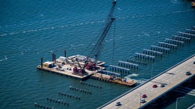 Looking west at northbound lanes I-275_ Howard Frankland Bridge approaching Tampa and demolition work of old bridge (November 2026 photo)