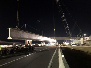 Beams for a new Overpass Road bridge are installed early Saturday morning over southbound I-75 (10/16/21 photo)