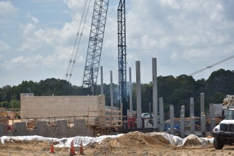 Driving pile on the west side of I-75 for the Overpass Road bridge foundation (9/8/2021 photo)
