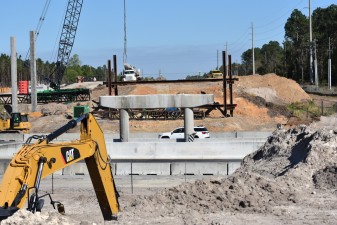 With both bridge spans removed over I-75, construction of the new bridge foundations is underway (3/4/2021 photo)