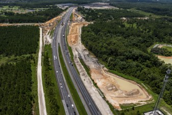 Looking south at construction of the new Overpass Road interchange at I-75 (7/15/2021 photo)