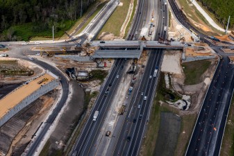 Looking north over I-75 at construction of the new interchange at Overpass Road (1/17/2022 photo)