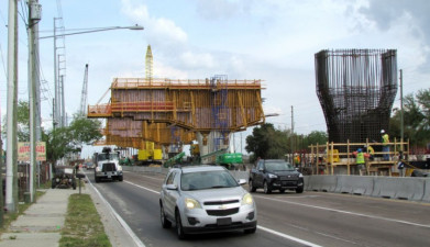 Large columns are being constructed for a Gateway Expressway bridge in the median of 118th Ave. N. (March 2020 photo)