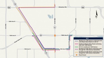Detour map for closure of 118th Avenue N / 49th Street N intersection