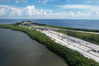Looking towards Tampa at construction of the replacement bridge for southbound I-275 traffic onto 4th St. N. (10/17/2022 photo)
