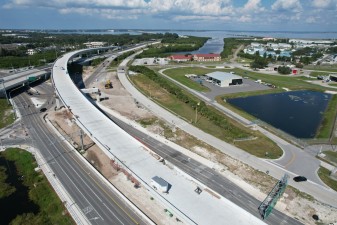 Looking north at construction of the new SR 686A toll road connection to CR 611 / Bayside Bridge (10/28/2022 photo)