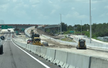 Looking south on US 19 at construction of the exit ramp to eastbound SR 690 (6-5-2023 photo)