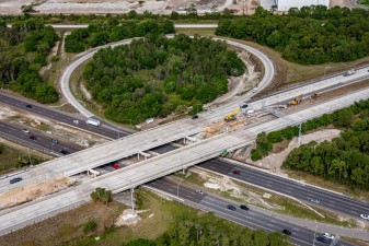 Looking northwest at construction of express lanes in the median of I-275 over Gandy Blvd. (3-14-2023 photo)