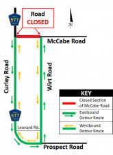 Detour map for closure of McCabe Road at Curley Road