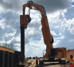 Sheet pile wall installation along the new SR 52 alignment (August 26, 2020 photo)