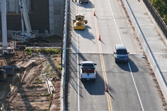 Looking east over SR 50 at construction of what will be a bridge for westbound traffic (4-29-2025 photo)