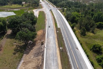 Looking east over SR 50 at roadway widening between the railroad tracks and Burwell Road (4-29-2025 photo)