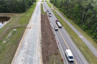 Looking east over SR 50 at westbound roadway construction east of Burwell Road (4-29-2025 photo)