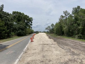 Looking north on Burwell Road at construction of new roadway alignment and elevation with SR 50 (4-28-2023 photo)