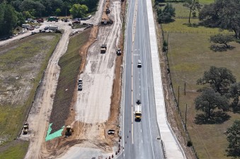Looking east over SR 50 at construction of new westbound roadway (4-29-2025 photo)