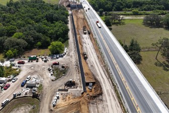 Looking east over SR 50 at construction of new westbound roadway and bridge (4-29-2025 photo)