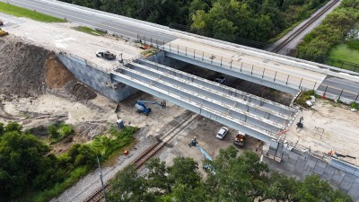 Bridge beams are all set for construction of the westbound SR 50 bridge deck (8-25-2025 photo)