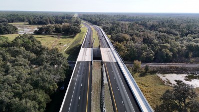 All lanes are now open as seen in this photo looking east over SR 50 and the bridges over the railroad tracks (12-5-2025 photo)