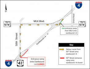 Detour map for closure of 50th Street entrance ramp onto eastbound I-4