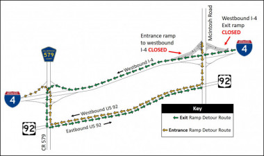 Detour map for closure of the westbound I-4 exit and entrance ramps at McIntosh Road